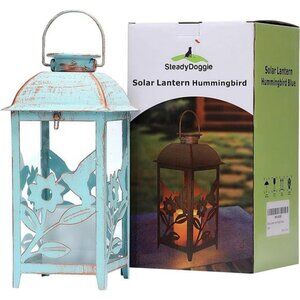 Solar Lantern Outdoor Hummingbird Blue Decor Antique Metal & Glass Construction
